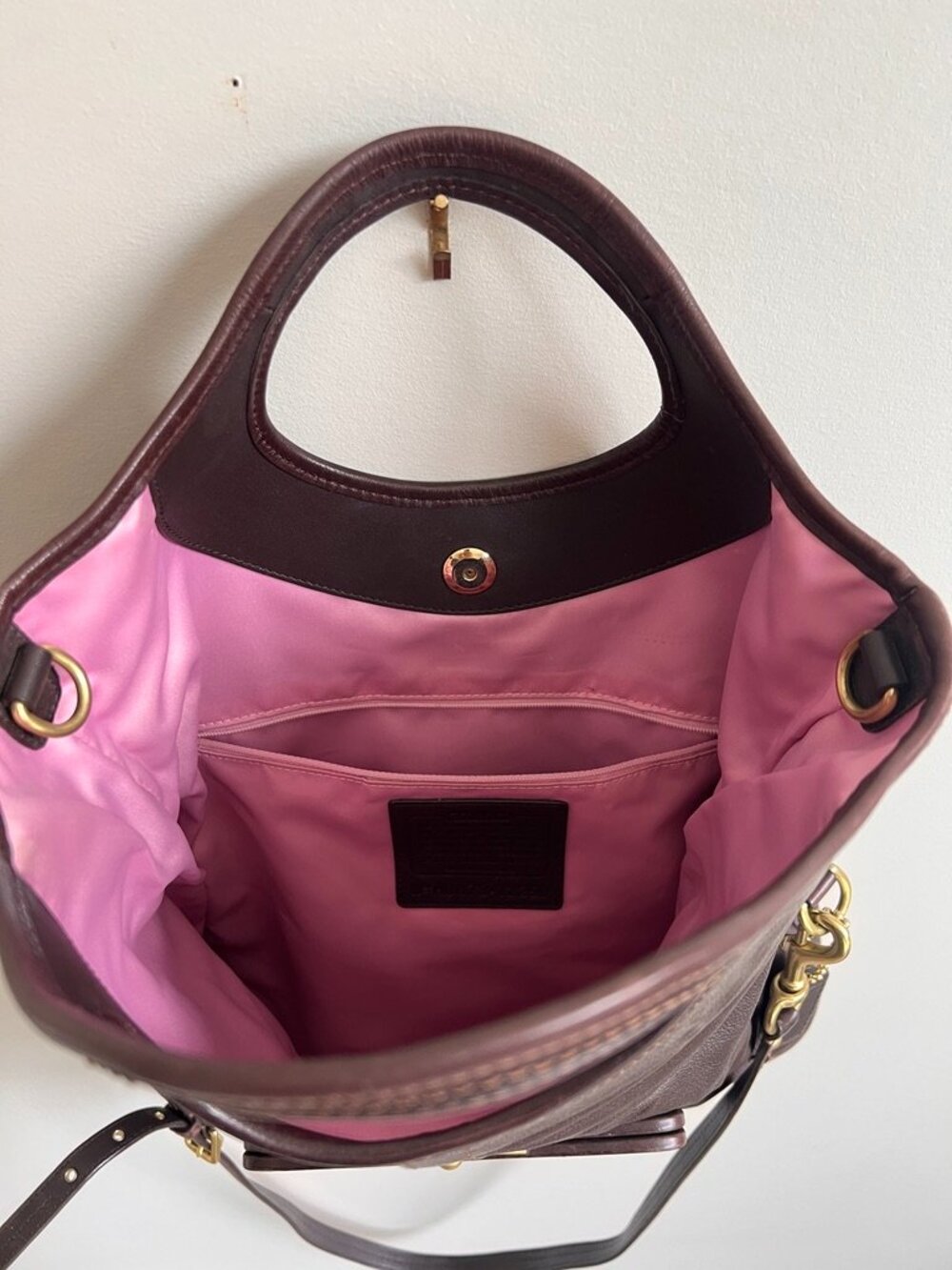 Coach Brown Leather Convertible Shoulder Bag Tote | Pink Lining | Brass Hardware - Picture 13 of 16